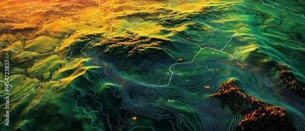 Fototapeta Topographic map displays forested hills using elevation lines, providing clear spatial data representation.
