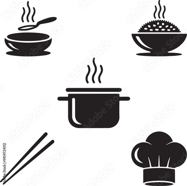 Fototapeta Silhouette Icon Set of Steaming Pot of Rice on White Background


