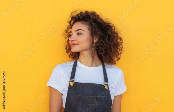 Fototapeta Curly-haired barista in dark grey overalls and white tee stands against yellow wall, side profile with apron, space for text, web banner background.