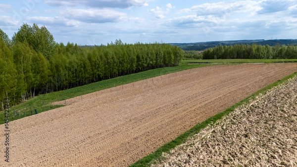 Obraz Aerial view of a vast agricultural field with freshly plowed soil, bordered by lush green trees in the background, under a cloudy sky, suggesting springtime renewal.
