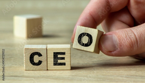 Obraz A hand rearranging wooden blocks displaying the letters 'C', 'E', and 'O' on a wooden surface, symbolizing leadership and corporate management in a business context.