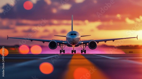 Fototapeta Airplane landing at sunset capturing a dramatic travel moment with warm sky colours and silhouette of aircraft touching down.

