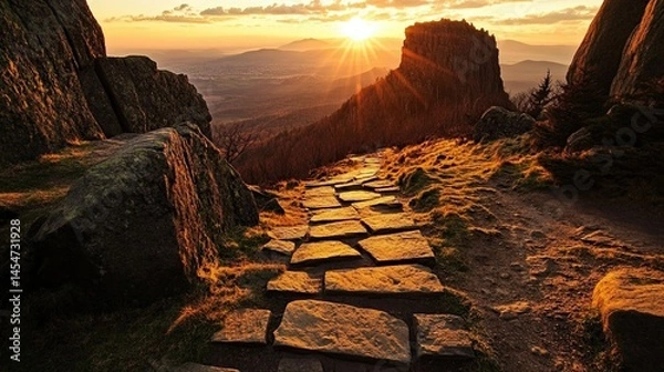 Fototapeta Beautiful sunset on a mountain with a path leading up. The path is surrounded by grass and rocks. The sun is setting behind the mountain