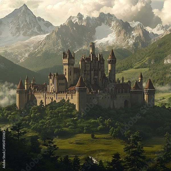 Obraz View of medieval castle with mountain background