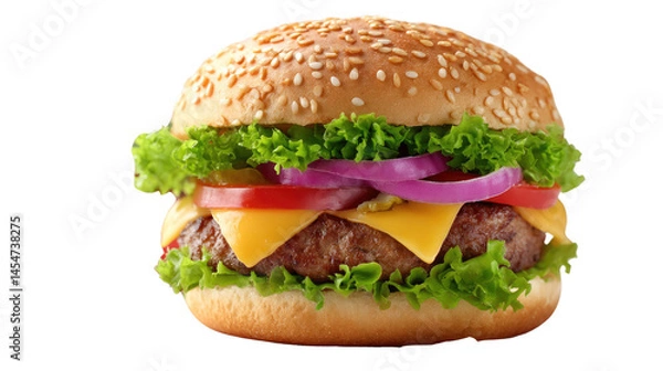 Fototapeta Savory Burger Delight: A mouthwatering close-up of a classic burger, featuring a sesame-seed bun, juicy patty, melted cheese, fresh vegetables and onion