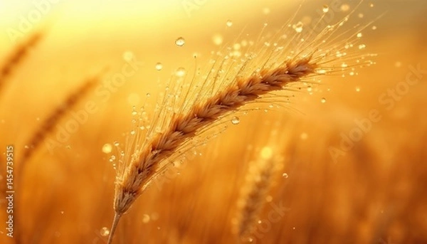 Fototapeta Close-up of golden wheat ear with dew drops sparkling in sunlight concept