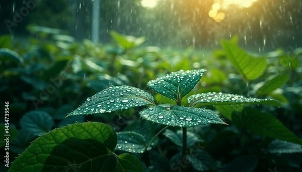 Fototapeta Close-up of green leaves with raindrops glistening in sunlight during rainfall concept