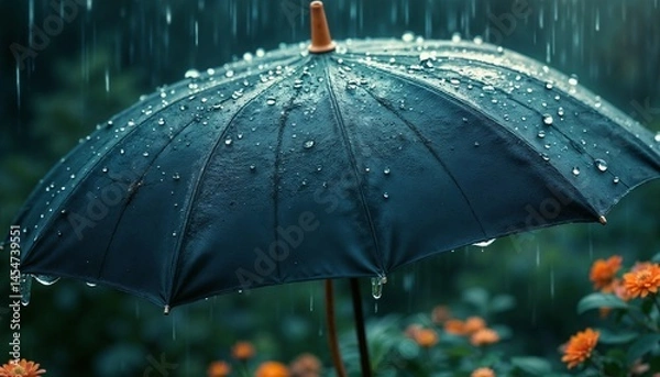 Fototapeta Close-up of wet umbrella with raindrops in the rain surrounded by flowers concept