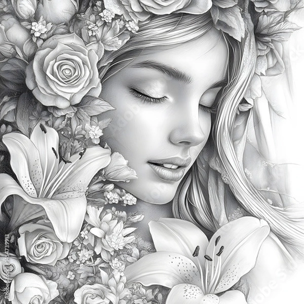 Fototapeta Mystical forest goddess with floral crown, birds, butterflies, and serenity