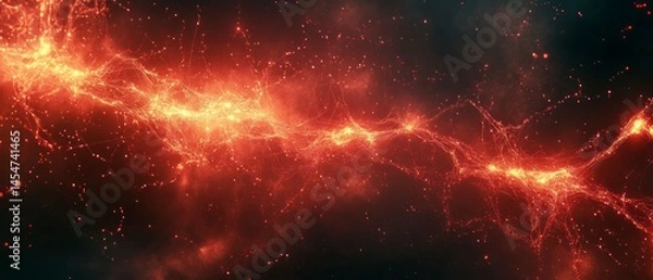 Fototapeta Energy beam displays interconnected nodes with fiery particles, creating a luminescent web.