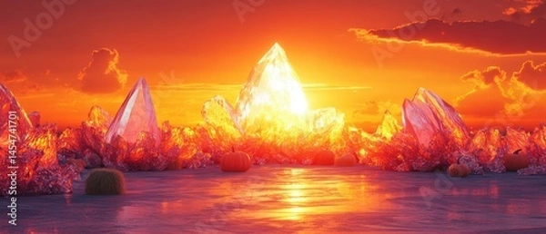 Fototapeta Crystals reflect intense orange light from sunset, with pumpkins near water's edge, creating surreal autumn scenery.