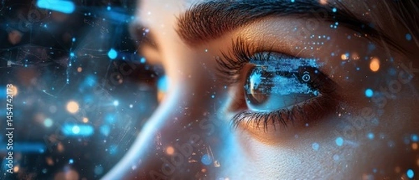 Fototapeta Woman's eye reflects holographic data streams, conveying technological advancement.