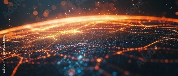 Fototapeta Abstract network depicts glowing nodes connecting in complex systems, representing global communication and futuristic technology.