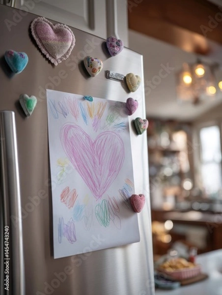 Obraz Children's colorful heart drawing on refrigerator in cozy home kitchen Stand For Children Day