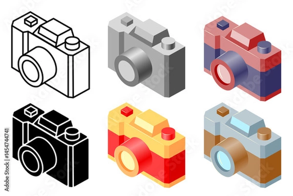 Fototapeta Isometric photo camera illustrations set with colorful, black and white and outline versions.