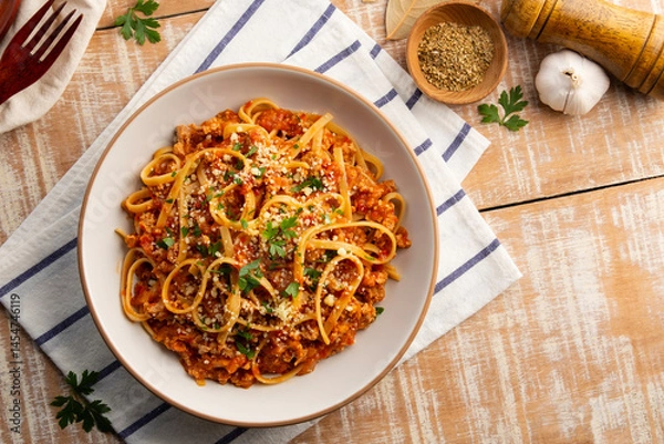 Fototapeta Homemade fettuccine spaghetti with Ground meat and tomato, pasta with a meat based bolognese tomatoes,served on white plate with parmesan cheese.Top view.