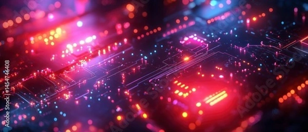 Fototapeta Circuit board glows intensely with red and blue lights, representing advanced data processing.