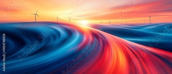 Fototapeta Wind turbines stand tall as abstract streamline landscape moves rhythmically towards horizon, evoking sense of technological advancement, clean energy.
