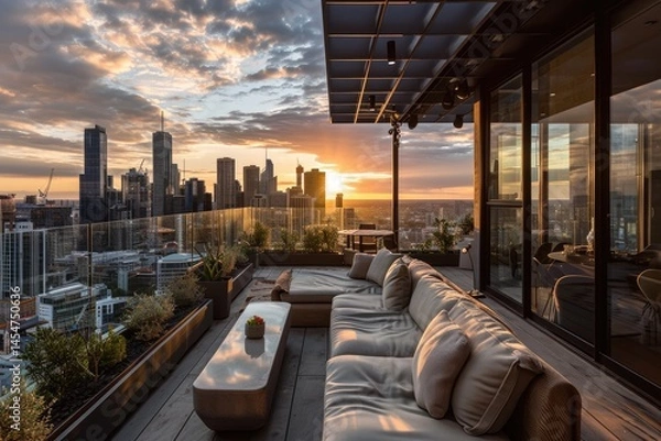 Fototapeta A lavish high rise retreat with panoramic views of the vibrant urban landscape where city lights shimmer beneath the starlit sky