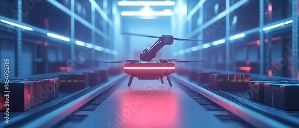 Fototapeta Delivery drone with robotic arm moves along conveyor belt within warehouse, symbolizing technological advancement.