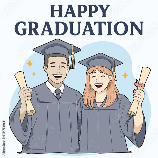 Fototapeta A cheerful illustration of two graduates in caps and gowns holding diplomas, standing together under the text 'Happy Graduation'. Perfect for celebration posters, event flyers, or congratulatory cards