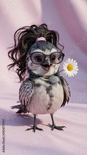 Fototapeta Whimsical blue jay cartoon bird with scrunchie and daisy on purple