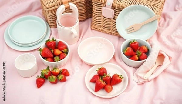 Fototapeta Strawberry picnic flat lay on a pink backdrop featuring baskets, plates and tableware for a refreshing outdoor gathering