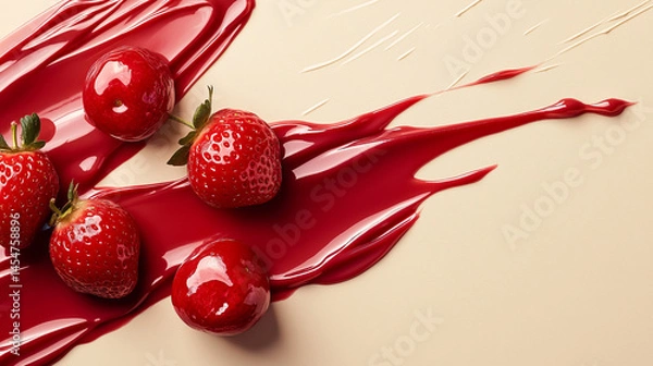 Fototapeta Clean, Minimalist Banner Featuring Fresh Strawberries on a Pale Cream Background, Flat Lay Composition with Ample Copy Space
