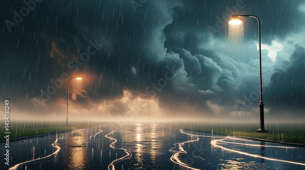 Fototapeta A torrential downpour of heavy rain loops creating intense weather effects with dark clouds and rapid rainfall motion.

