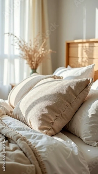 Obraz Sunlit cozy bedroom with white and beige bedding featuring soft pillows and a wooden headboard