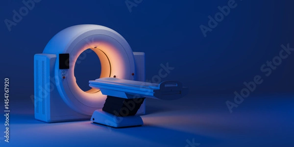 Fototapeta Modern MRI machine with glowing ring on dark blue background, futuristic medical imaging device, advanced healthcare technology concept. 3D Rendering. 3D Rendering