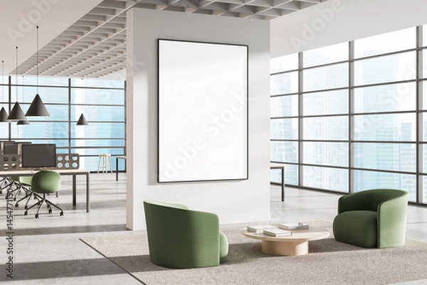Fototapeta Modern office interior with blank framed poster on clean white wall and green chairs in waiting area with panoramic window view and soft lighting. 3D Rendering