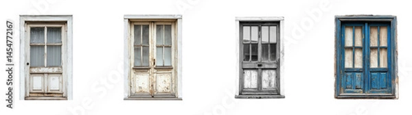 Fototapeta Set of Old weather-beaten French door with worn-out handles, visible signs of time and decay, expertly on transparent png background. Ai generated