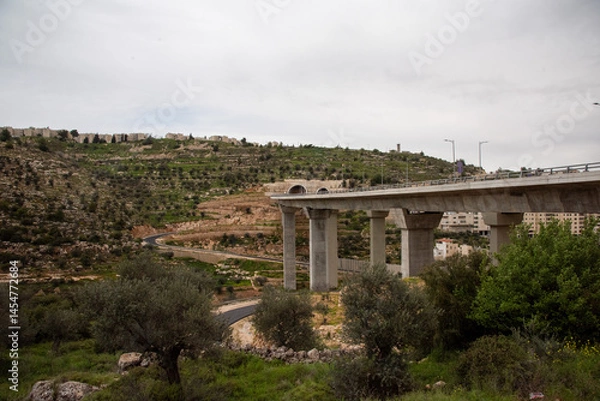 Obraz Concrete highway bridge over green valley in Israel
