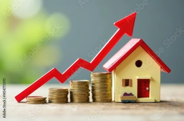 Obraz Wooden houses stand in a row from small to large with a red arrow up. concept of high demand for real estate. increase energy efficiency of housing. rise in house prices. property. population growth