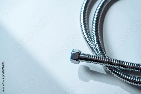 Obraz Metal shower hose on light blue background with copy space. ideal for illustrating plumbing, bathroom fixtures, home improvement.