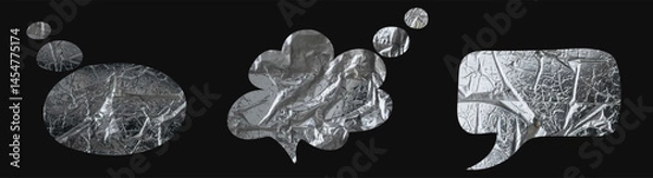 Fototapeta set of metal speech bubble made of crumpled foil sheet on dark background.pop art