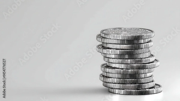 Fototapeta Silver coin stack in minimalist vertical layout, showcasing clean and modern aesthetic. coins reflect light beautifully, creating sense of elegance and value