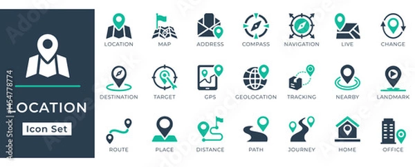 Fototapeta Location icon set in modern flat style featuring map, address, compass, navigation, GPS, destination, target, route, tracking, geolocation, journey, and home symbols.