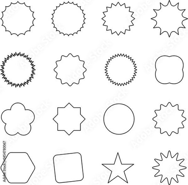 Fototapeta Abstract wave shape stickers. Zig zag wavy shape frames. Vector abstract photo frames and text boxes. Geometric stamps. Hand drawn stars, design elements, badges, geometric figures