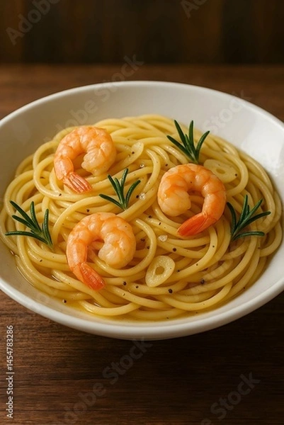 Obraz Gourmet Shrimp Spaghetti with Garlic and Rosemary