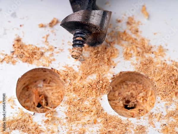 Obraz Drilling a hole in white chipboard using a carpentry spiral drill.