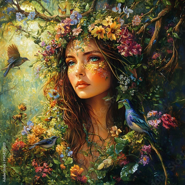 Fototapeta Mystical forest goddess with floral crown, birds, butterflies, and serenity
