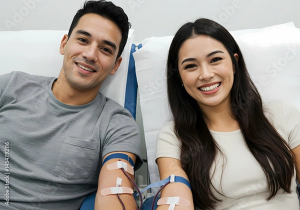 Fototapeta Couple Donating Blood Saving Lives Together