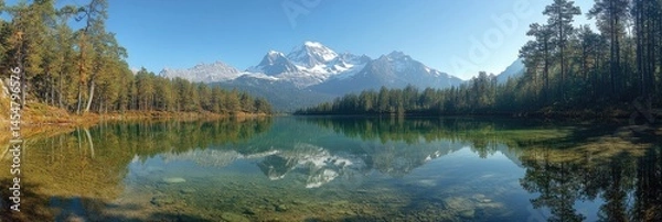 Fototapeta Serene mountain lake reflecting a snowy peak.