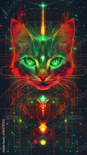 Obraz Abstract neon cat face with glowing lines and geometric designs