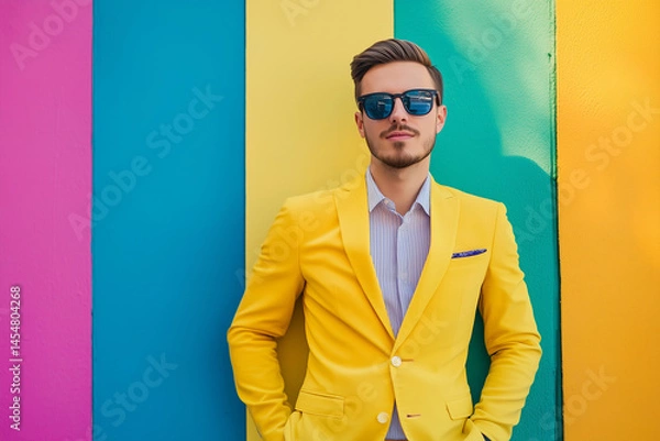 Fototapeta  man in a yellow suit stands in front of a colorful wall. He is wearing sunglasses and a tie