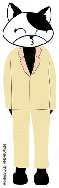 Fototapeta Cute cartoon character - cat standing up straight, wearing beige suit and shoes, smiling with closed eyes
