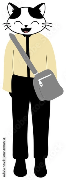 Fototapeta Cute cartoon character - a cat standing upright with a bag, wearing a beige sweater, black pants and shoes, smiling with his eyes closed and his tongue hanging out.