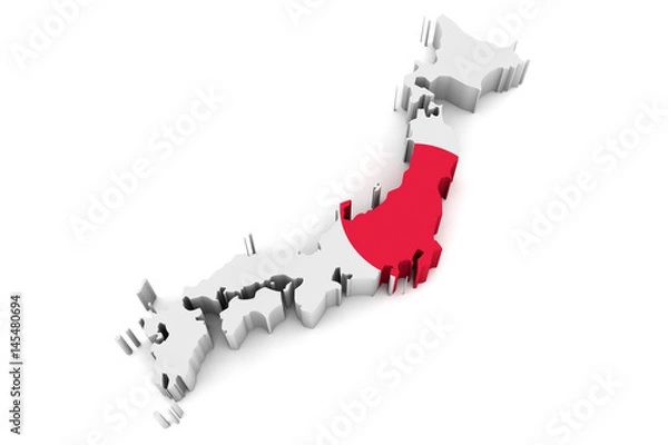 Fototapeta Krajowy kształt Japonii - 3D renderowanie granic wiejskich wypełnionych kolorami japońskiej flagi na białym tle